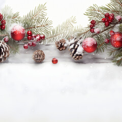 Red Christmas balls, spruce branches and pine cones covered with snow and snowfall on white wooden board background. Horizontal composition, flat lay, white space for text.