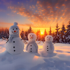 Group of snowmen on snow covered field in winter with spruce tree forest covered with snow in sunset.