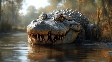 Obraz premium A crocodile basking in the sun by the water's edge, its sharp teeth visible, with the pond and greenery softly blurred in the background