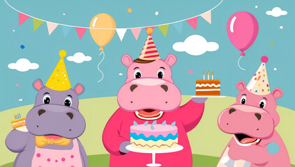Obraz premium cute cartoon hippopotamus with cake, birthday flat design illustration