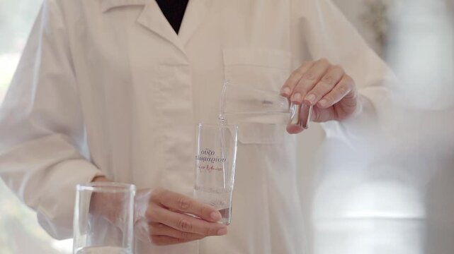 Greek traditional drink Ouzo raki water mixing process for tasting at The World of Ouzo museum in Plomari, Lesvos