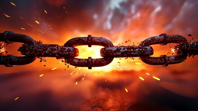 Breaking metal chain against fiery background, symbol of freedom and strength