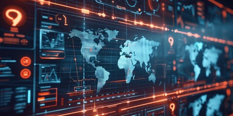 A futuristic interface showing real-time AI analysis of global cybersecurity threats, with world maps, threat indicators, and secure network connections.