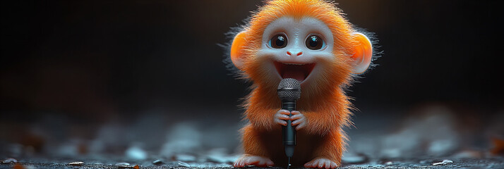 Obraz premium Cheerful cartoon monkey holding a microphone against a dark background, combining vibrant orange fur and blue eyes with a playful and entertaining mood.