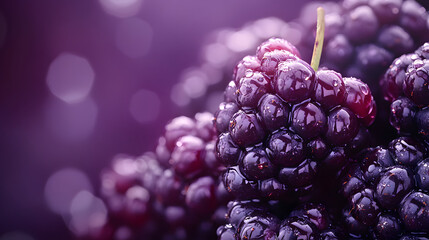 Close-Up of a Cluster of Blackberries with Dewdrops on a Dark Purple Background Highlighting Their Rich Color and Juicy Texture