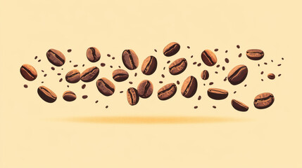 Fototapeta premium Floating coffee beans bursting with energy and flavor create dynamic visual. rich brown tones and scattered particles evoke sense of freshness and vitality.
