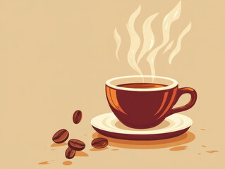 Obraz premium A steaming cup of coffee with aromatic swirls, accompanied by coffee beans, evokes warm and inviting atmosphere.