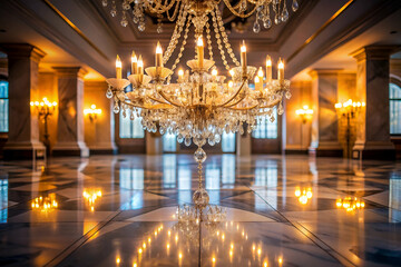 Fototapeta premium A chandelier with many lights hanging from it. The lights are lit up and the room is very bright