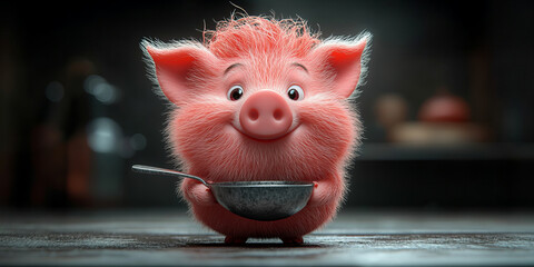 A fluffy pink piglet holding a spoon in a cozy kitchen setting with a warm and content atmosphere