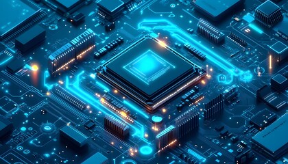 Fototapeta premium Closeup of a Computer Motherboard with Glowing Blue Circuits and a Central Processing Unit