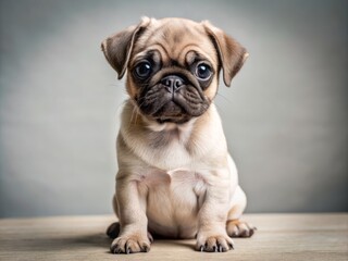 Adorable baby pug puppy with wrinkled face and perky ears sits attentively with a curious expression