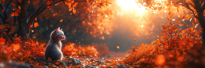 Cute kitten in autumn forest with golden orange leaves and warm sunlight creating a peaceful, whimsical mood