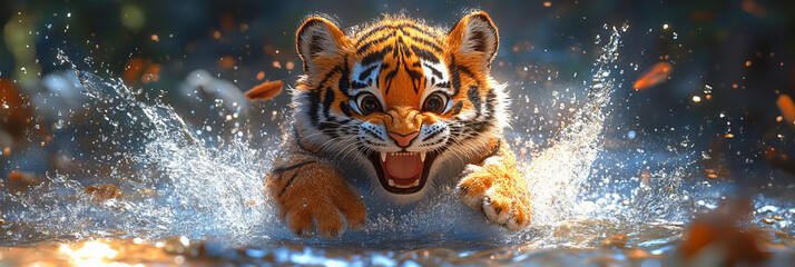 Energetic young tiger splashing through water in an artistic, vibrant natural setting during playful chase