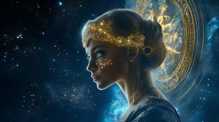 Virgo has a symbol of the Virgin Maiden, The constellation of Virgo zodiac sign, Virgo zodiac sign astrological background. The Virgo horoscope sign