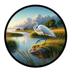 A circular 3D rendered illustration of a Great Egret, isolated on a transparent background
