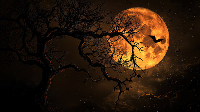 A tree with a large orange moon in the sky