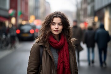Fototapeta premium A woman wearing a red scarf and a brown coat is walking down a street