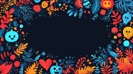 Naklejka premium Halloween Background with Blue Orange and Red Foliage and Pumpkins