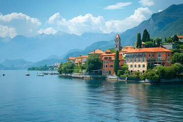 Serene Lakeside Village with Majestic Mountains in the Background