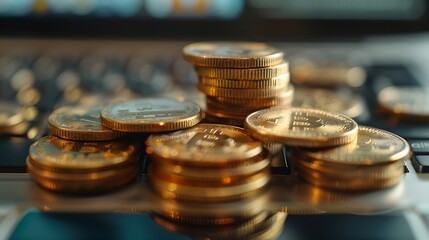 Golden Stack of coins with Laptop keyboard Background for Digital currency Financial revolution Concept.