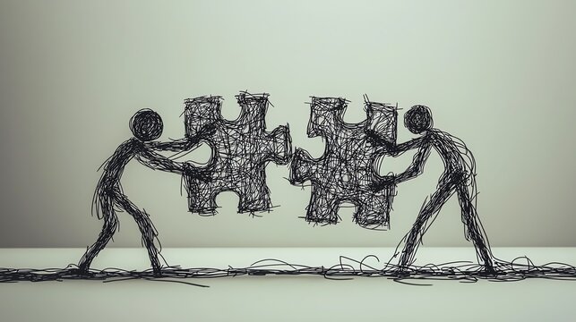 Two abstract figures made of wire-like material fitting puzzle pieces together, symbolizing collaboration, problem-solving, and teamwork.