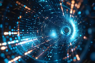 Obraz premium A Stunning Visualization of a Digital Tunnel with Glowing Particles and Light Trails