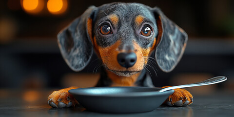 Large-eyed animated puppy with bowl on table expressing hunger in a warm setting with soft lighting and dark background