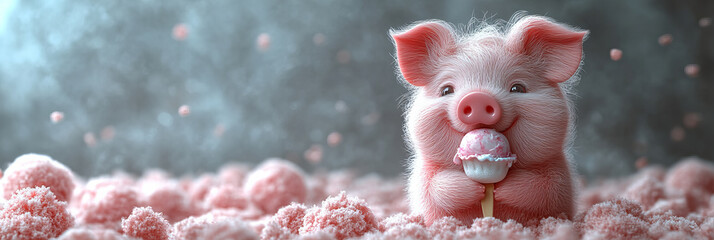 Adorable Baby Pig Holding Lollipop Amidst Soft Pink Cotton Candy Clouds on Serene Pastel-Shaded Background