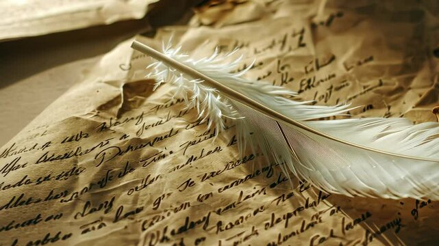 Quill pen on ancient parchment, close-up. Historical writing and nostalgia concept