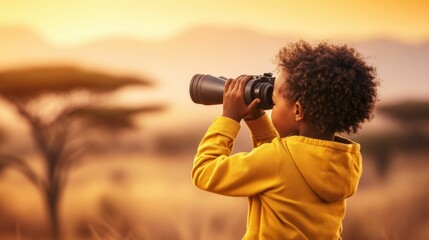 Child Exploring Nature with Binoculars at Sunset. Generative ai