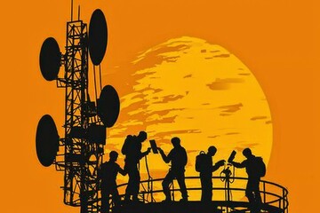 Naklejka premium Silhouetted Figures on a Communication Tower Against a Sunset