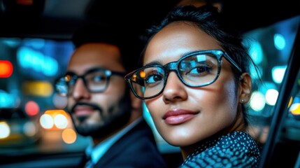 Businessmen in a Taxi at Night with Serious Expressions. Generative ai