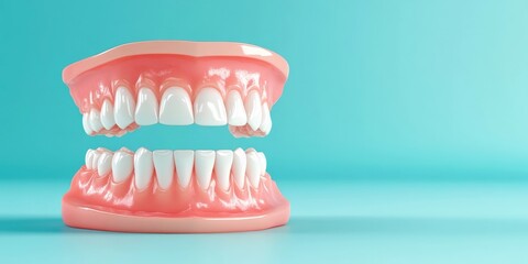 Obraz premium Realistic dental model showcasing upper and lower set of teeth on a blue background, perfect for dental education and presentations.