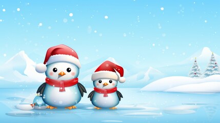 Fototapeta premium Adorable penguin family wearing festive hats near icy landscape during winter holiday season