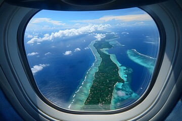 Naklejka premium Aerial View of a Tropical Island from an Airplane Window