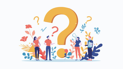 
Q and A or FAQ concept with tiny people characters, big question mark, frequently asked questions template. Answers business support concept flat style design vector illustration.