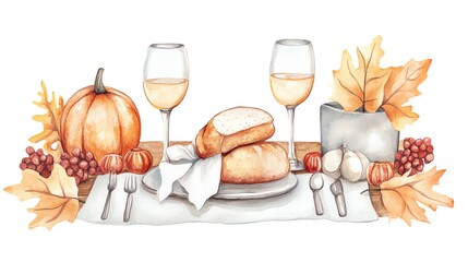 Autumn-themed table setting with wine glasses, bread, pumpkins, and leaves. Perfect for fall celebrations, harvest dinners, and Thanksgiving decor.