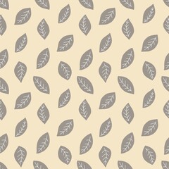 Minimalist Grey Leaf on Light Yellow Background Seamless Pattern, Sweet Leaf flat seamless pattern, Grey Leaves Flat Seamless Pattern