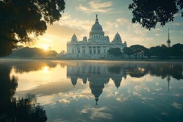Obraz premium Serene Sunrise Reflection of Victoria Memorial in Kolkata