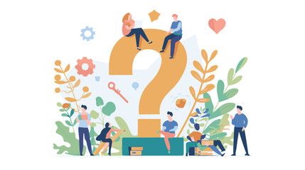 
Q and A or FAQ concept with tiny people characters, big question mark, frequently asked questions template. Answers business support concept flat style design vector illustration.