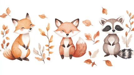 Fototapeta premium Cute watercolor illustration of foxes and raccoon with autumn leaves. Ideal for children's books, prints, and decorations.
