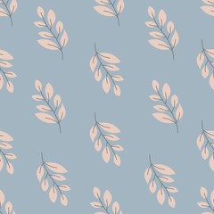 Soft Pink Pastel Leaf on Blue Background Seamless Pattern, Sweet Leaf flat seamless pattern, Pink Leaves Flat Seamless Pattern