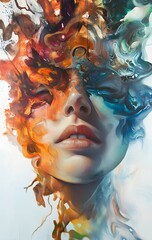 39. **Abstract portrait featuring a human face with surreal, dreamlike elements and blended colors**
