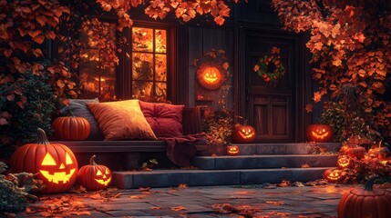 Obraz premium Halloween Jack o Lanterns on Porch with Fall Leaves