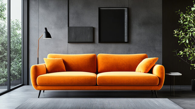 "Contemporary interior featuring  of a modern orange sofa in a room with grey tones. 3D render."