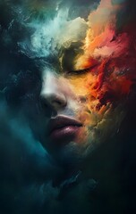 Fototapeta premium 39. **Abstract portrait featuring a human face with surreal, dreamlike elements and blended colors**