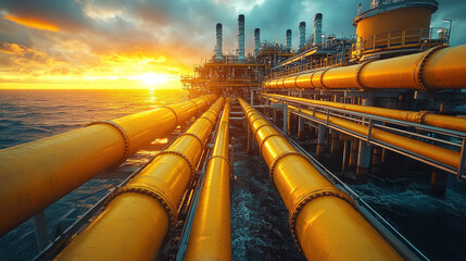 Pipework high pressure systems, highlighting the robust and complex piping infrastructure designed to handle high-pressure oil and gas transport on an offshore platform