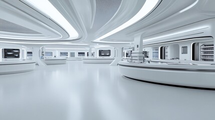 Futuristic minimalist laboratory with sleek design and bright lighting.