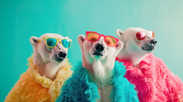 Polar Bear Party Parade, playful polar bears dressed in vibrant mismatched outfits celebrating a festive occasion, bright cheerful background perfect for a birthday invitation.