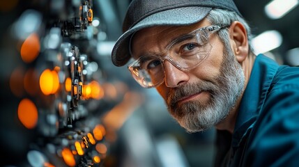 The Watchful Eye of Experience: A seasoned engineer, his face etched with years of expertise, intently monitors a complex industrial control panel, ensuring seamless operations. 